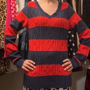 size medium red and blue v neck striped cable knit sweater